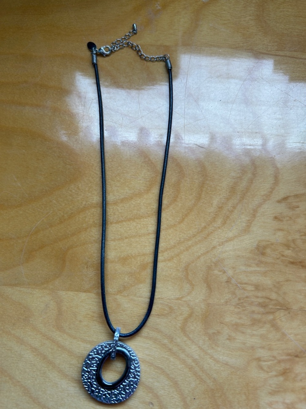 Textured Silver Circle Pendant Necklace with Black Cord